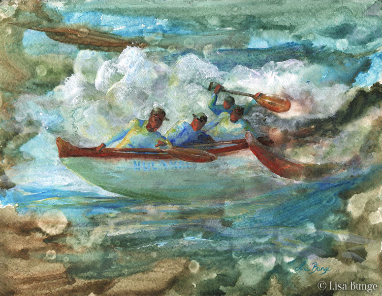 Painting of paddlers in an outrigger canoe