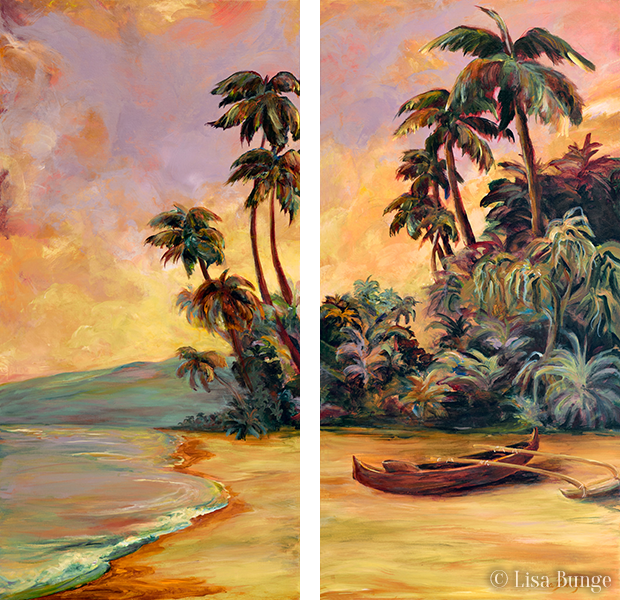 Painting of Hawaiian outrigger canone on the beach