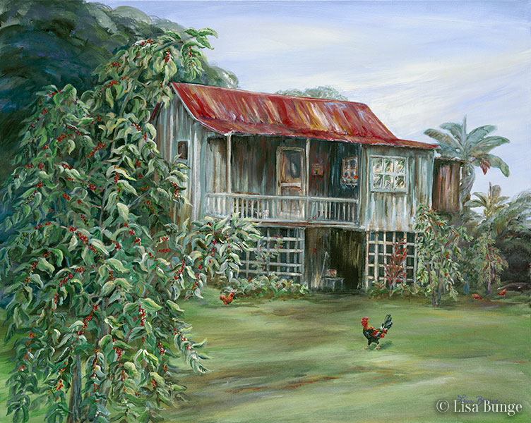 Giclee of a classic Kona coffee shack painting