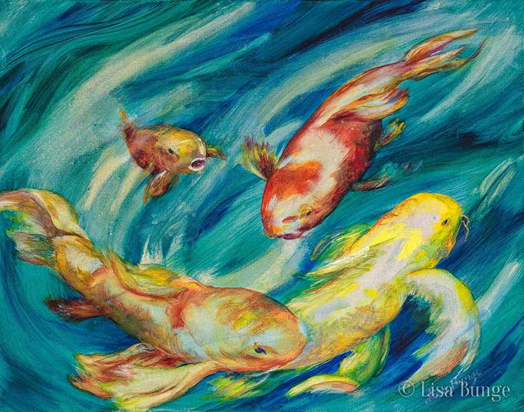 Painting of colorful koi swimming in Hawaii
