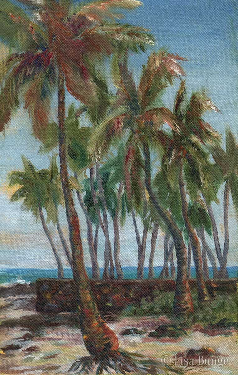Plein aire oil painting of palms on the beach in Hawaii