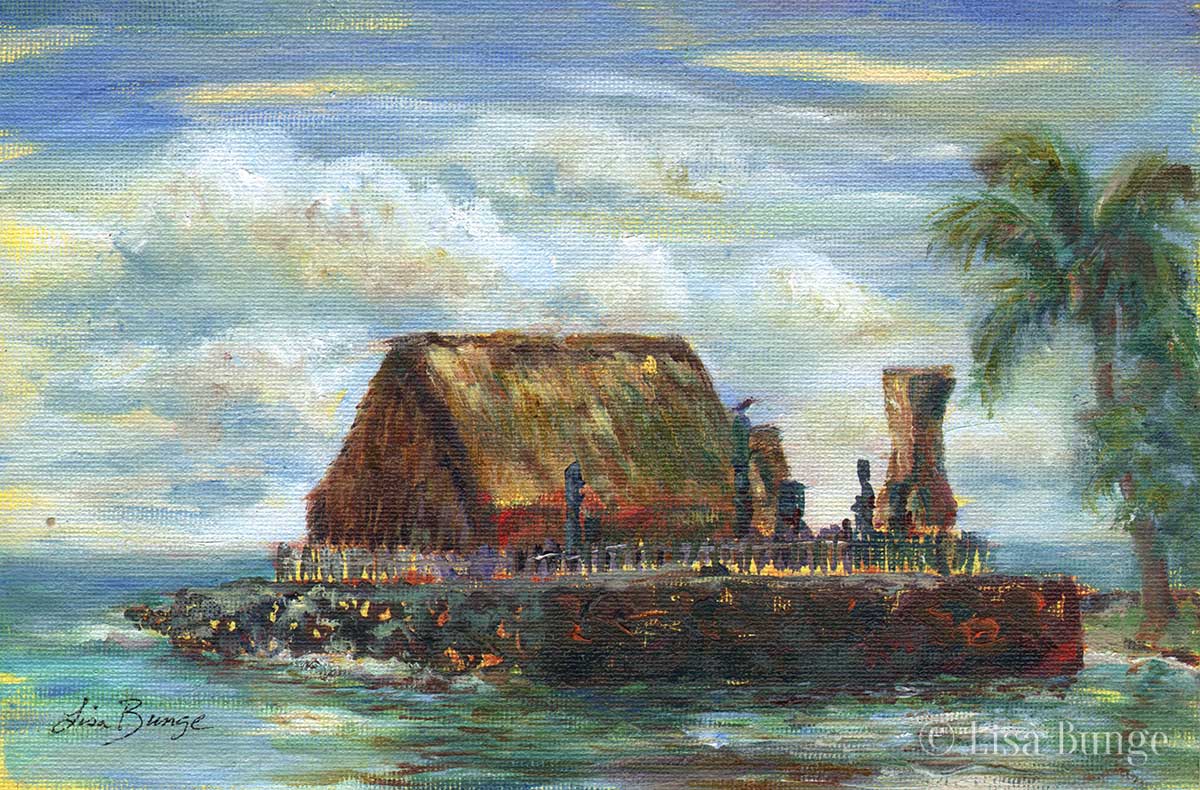 Plein aire painting of traditional Hawaiian heiau