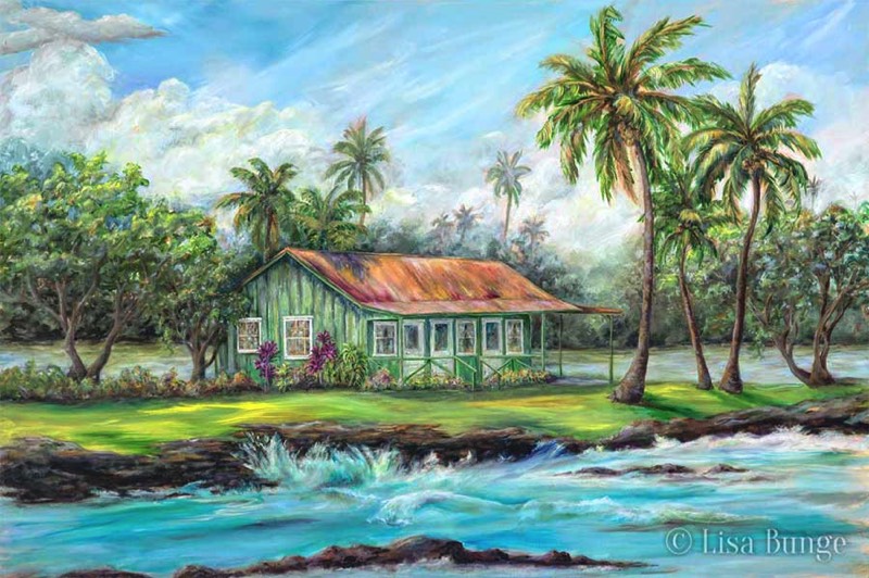 Oil painting of Eva Parker Woods cottage on Kohala coast