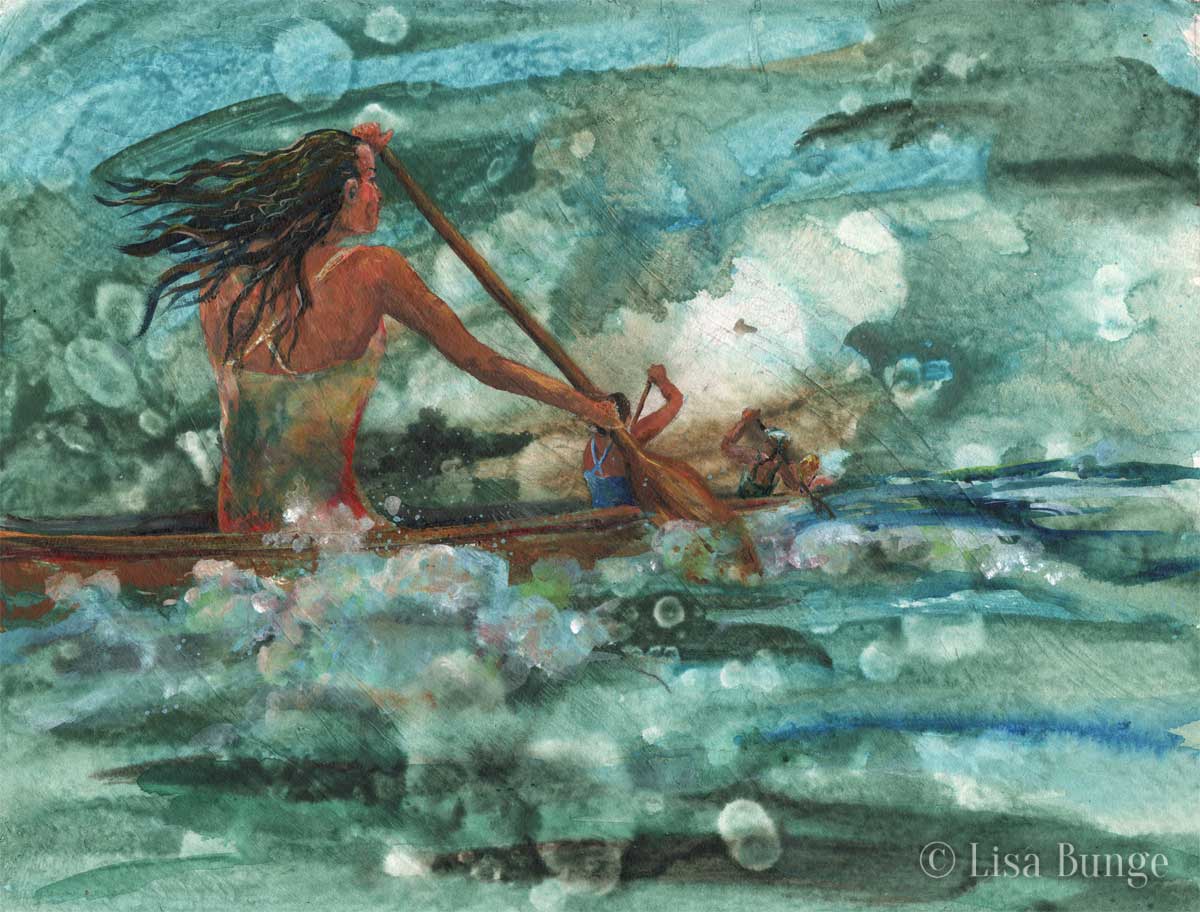 A woman paddles a canoe on the ocean